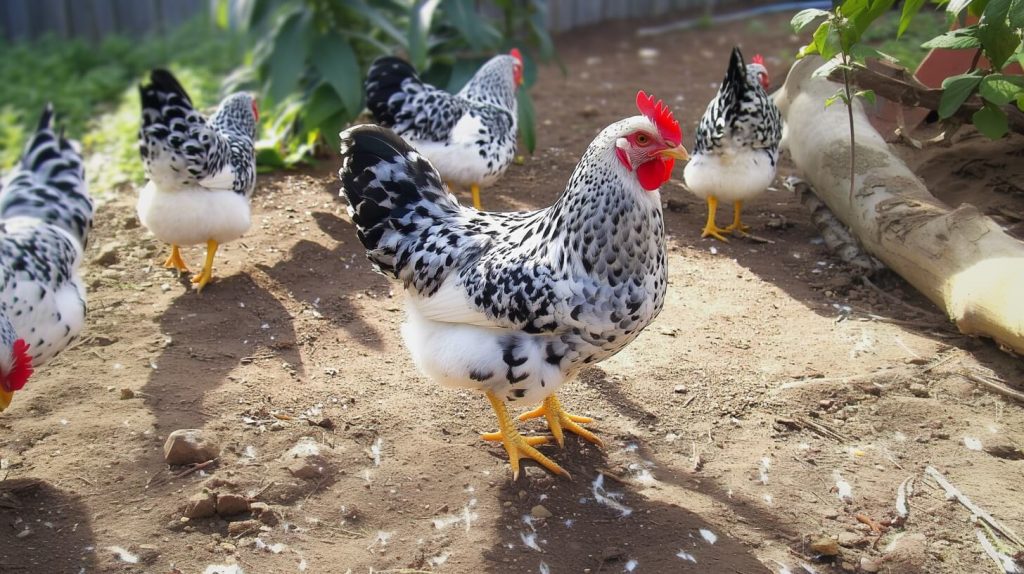 A flock of Exchequer Leghorn Chickens in a suburban backyard