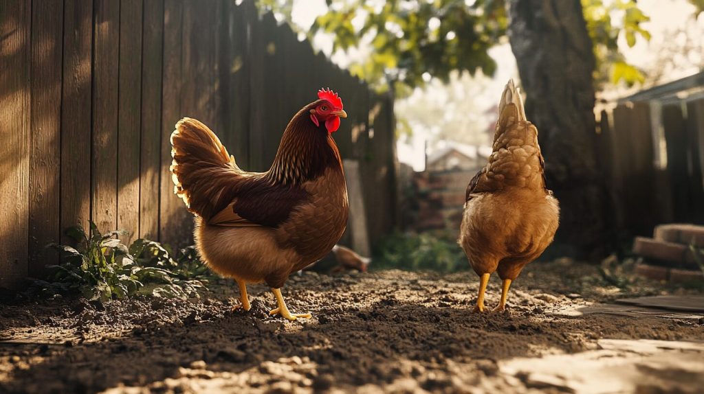 Hyline Chickens pecking in a backyard
