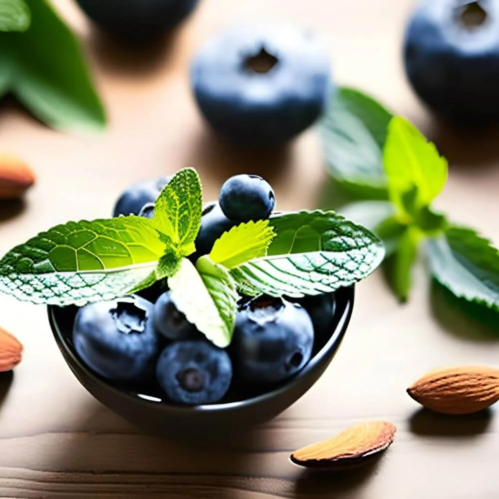 A small bowl of blueberries and mint with some almonds scattered around