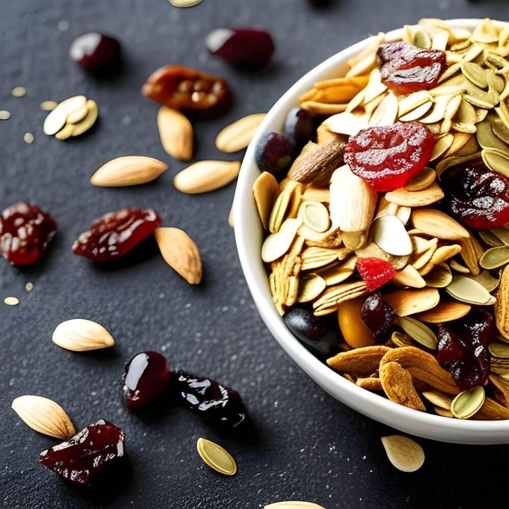 A bowl filled with different seeds and dried fruit