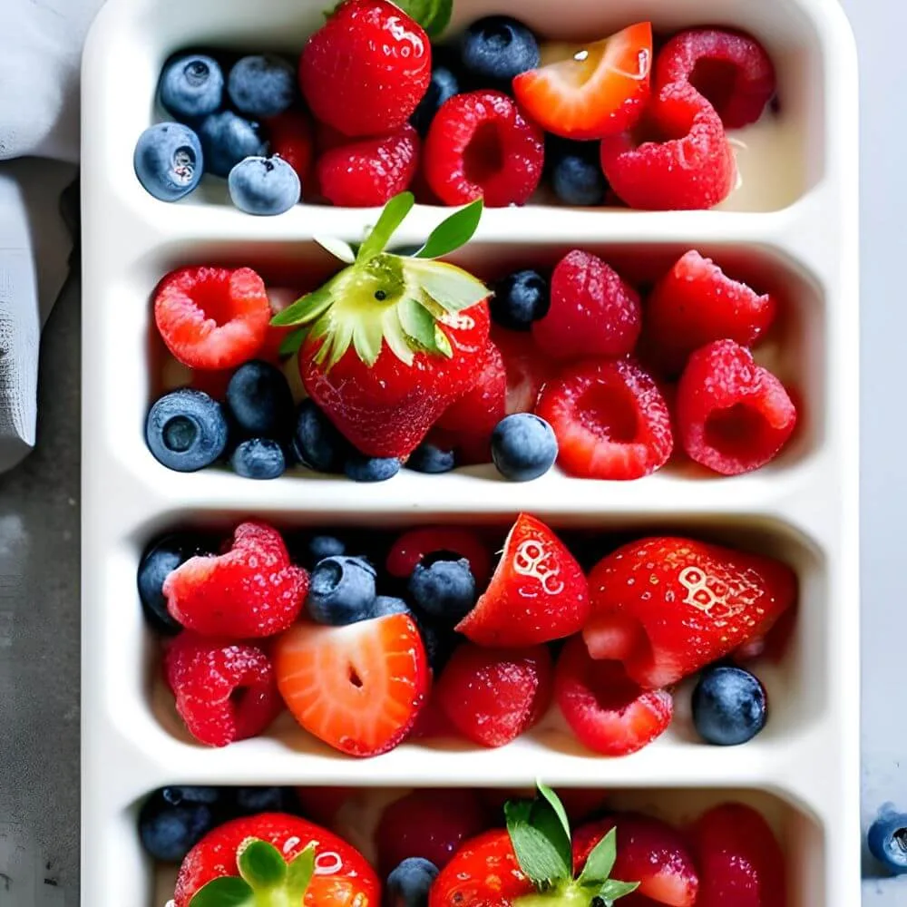 A freezer tray with a variety of berries and yoghurt