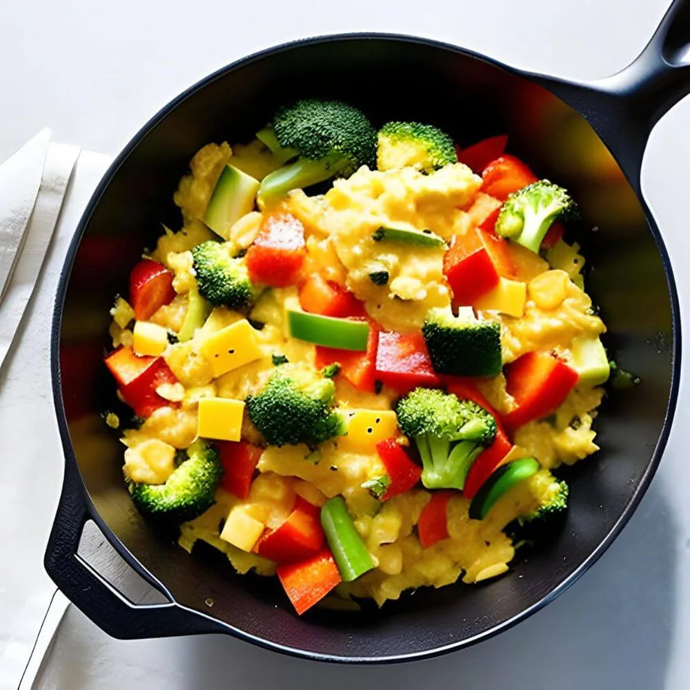 A frypan with chopped up vegetables and scrambled eggs