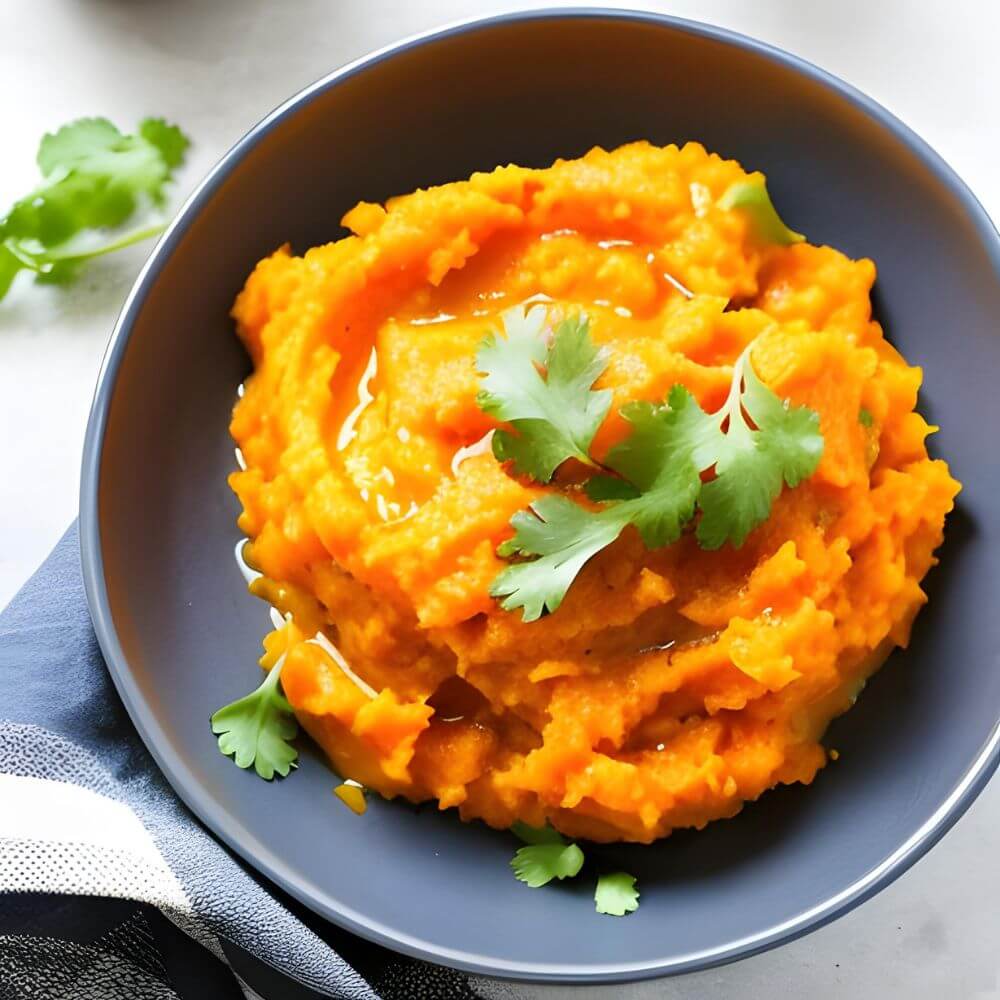 A bowl filled with sweet potato and carrot mash with some parsley on top