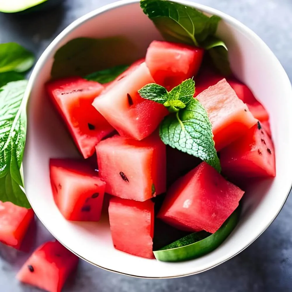 A bowl with chopped up watermelon and mint