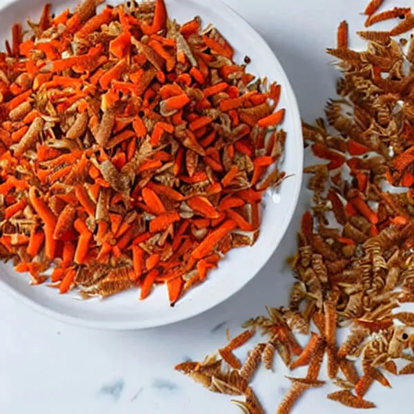 A bowl of carrots and mealworms