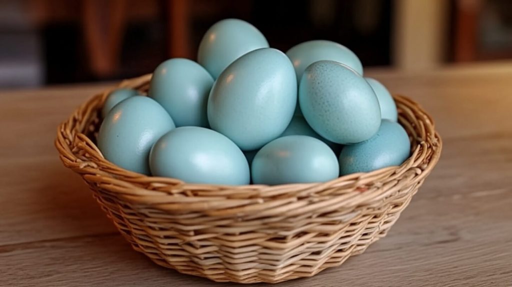 Blue chicken eggs in a basket on the. bench